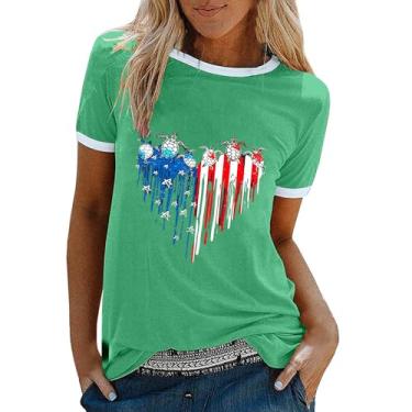 Imagem de Camiseta feminina bandeira americana 4th of July Red White Blue Star Stripes Graphic manga curta gola redonda casual verão engraçado top, Verde, XXG