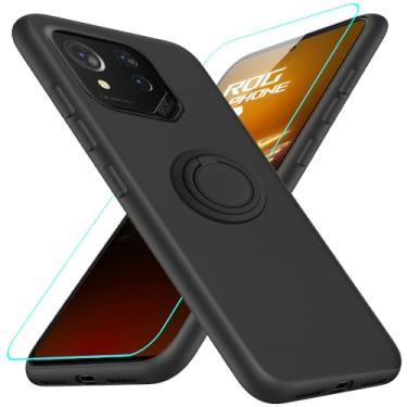 Imagem de Capa de celular compatível com Asus ROG Phone 8 Pro 5G com protetor de tela de vidro, suporte de anel giratório de 360° com suporte/suporte de silicone TPU à prova de choque para Asus ROG Phone 8 Pro