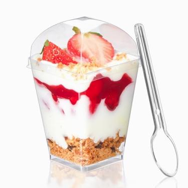 Imagem de TOFLEN Pacote com 50 copos de sobremesa de plástico de 142 g com tampas de cúpula para festa, mini copos de sobremesa com colheres de copos de sobremesa para parfait de iogurte, aperitivo, pudim,