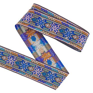 Imagem de FINGERINSPIRE 7,7 m, 5 cm, fita jacquard azul vintage, estilo étnico, em forma de diamante, estampa floral, bordado, acabamento em tecido de poliéster, fita tirolesa retrô para roupas, decoração de artesanato