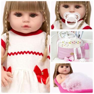 Imagem de Bebe Reborn Loira 100% Silicone Olhos Castanhos Com 20 Itens - Cegonha