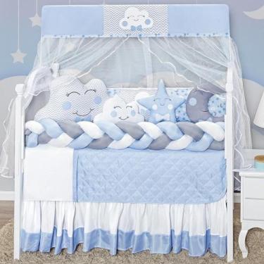 Imagem de Kit Berço Nuvem Azul Masculino Com Trança Lateral 12 Peças - Beatriz E