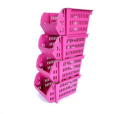 Imagem de Caixa Plástica Expositora Empilhável Mini Cesto 4 Pçs - AGIFIX, Rosa