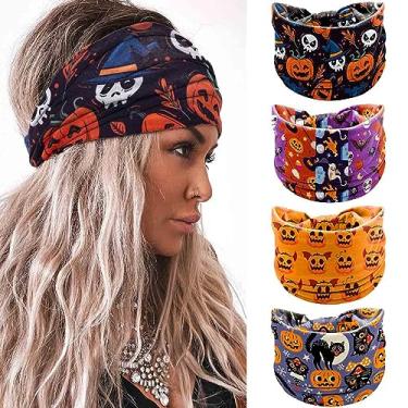Imagem de Olbye Bandanas para Wome Tiara Larga Atada Turbante Antiderrapante Bandanas Elásticas Abóbora Faixa de Cabelo Bandas de Cabeça de Crânio Faixas de Cabeça de Treino Cachecóis de Cabelo Ioga Fantasma Cosplay Acessórios de Cabelo de Halloween 4 peças (A)