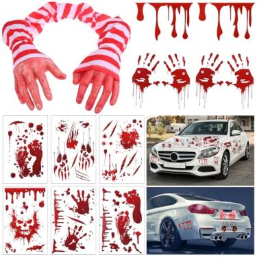Imagem de 14 Pcs Halloween Realistic Fake Hand Set for Car Trunk Decoration Red Blood Hand Arm Flowing Bloody Dripping Hands Stickers Halloween Red Blood Stickers for Haunted House Halloween Theme Car Decor