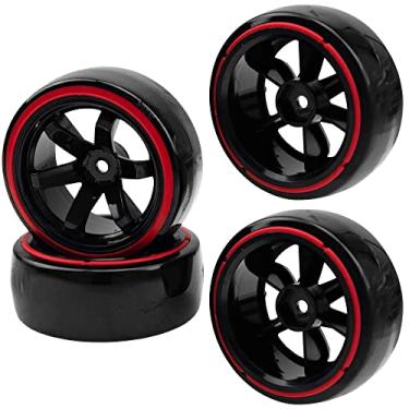 Imagem de HIRCQOO 1/10 RC Drift Car Tires Hard Plastic Tyre & 12mm Hex Hub Wheel Rims 6 Spoke Compatible with Traxxas HSP Tamiya Kyosho HPI Redcat Racing MST 1/10 On-Road RC Drift Drifting Car (Red2)
