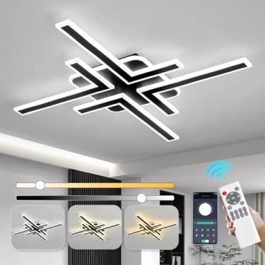Imagem de Ofenrd Luminária de teto moderna Sputnik com montagem embutida 87 cm LED regulável com controle remoto 3 cores 64W lustre preto para cozinha, sala de jantar, sala de estar, quarto.