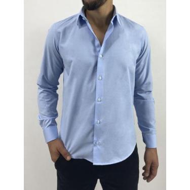 Imagem de Camisa Social Masculina Azul Bebê Manga Longa Slim Fit Algodão e Polié