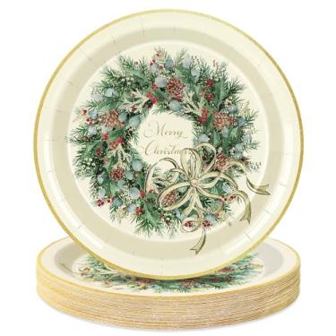Imagem de JarThenaAMCS 50 peças de pratos de papel de Feliz Natal, guirlanda de Natal, pratos descartáveis 22,5 cm, pratos decorativos de sobremesa para jantar em casa, utensílios de mesa