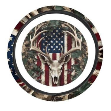 Imagem de SEANATIVE Capa de volante de neoprene para carro, ajuste universal, bandeira americana com estampa de veado camuflada, 35,5 cm a 38,5 cm, protetor de roda antiderrapante para SUV, Sedan Vans Trucks