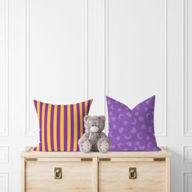 Imagem de Kit 2 Almofadas Com Enchimento Infantil Lua Corações Listrado Roxo e A