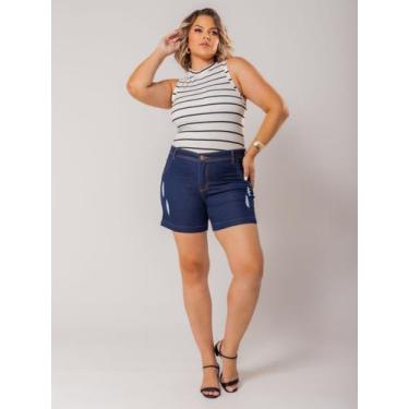 Imagem de Short jeans escuro plus size com lycra e detalhes - Patrícia Ribeiro