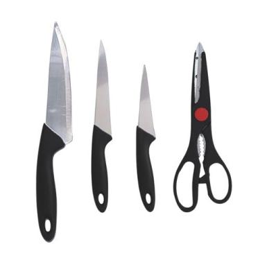 Imagem de Conjunto Kit Para Cozinha Profissional 4 Peças Facas Tesoura Aço Inox 