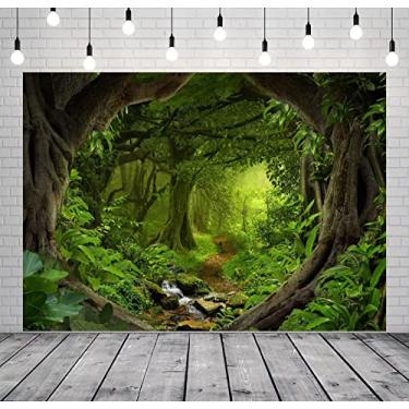 Imagem de CORFOTO Tecido 3,7 x 2,4 m natureza floresta verde pano de fundo selva floresta tropical caminho rochoso primavera paisagem fundo para crianças recém-nascidos chá de bebê acampamento festa de