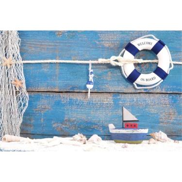 Imagem de Pano de fundo náutico boia salva-vidas e conchas de barco de brinquedo em fundo de madeira azul cenário de fotografia à beira-mar decorações de festa ao ar livre aniversário menino chá de bebê