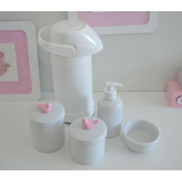 Imagem de kit Higiene Bebê Potes K021 Cotonete Flor Rosa Algodão Limpeza Porcela