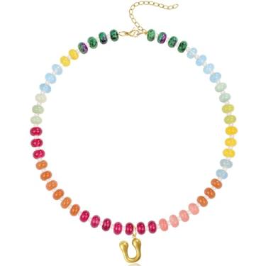 Imagem de QILMILY Colar feminino com inicial inicial de bolha, pingente de letra dourada, gargantilha com pedras preciosas e contas feitas à mão, joia de pedra natural, 16 inches, Cobre, Sem Pedra Preciosa