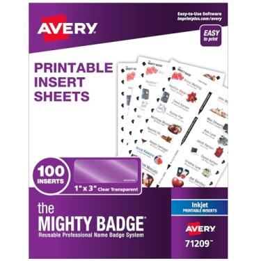 Imagem de The Mighty Badge by AVERY 2,5 cm x 7,6 cm Inserções para etiquetas de nome, 100 inserções transparentes apenas para impressoras a jato de tinta (71209)
