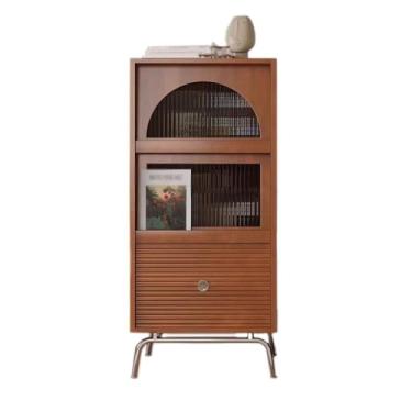 Imagem de Suporte para livros Estante organizadora fechada com tampa articulada, porta de vidro, estante de madeira com pés de aço inoxidável, para sala de estar, escritório, prateleira de armazenamento Estante
