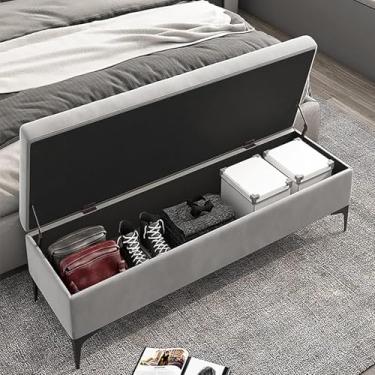 Imagem de Banco de armazenamento, banco de armazenamento estofado de veludo, banco de quarto de armazenamento premium com armazenamento, sem necessidade de montar, cinza claro, 90 x 40 x 43 cm (35 x 16 x 17