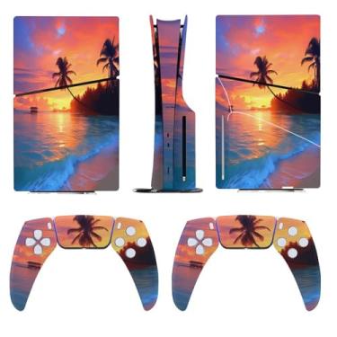 Imagem de Buyidec Adesivo para PS5 Slim Disc Ocean Sunrise Tropical Palm Tree Skin Console Acessórios Capa Anime Vinil Capa Adesivo Conjunto Completo para Playstation5 Slim Disk Edition
