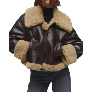 Imagem de Casaco feminino grosso quente de pele sintética, jaqueta outono inverno feminina streetwear moto bier com zíper, marrom, xs