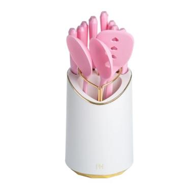Imagem de Conjunto de utensílios de cozinha com bloco de facas, 12 peças, detalhes rosa e dourado, suporte branco