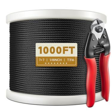 Imagem de Kallsday Kallsdy 1000 Pés 1/8" T316 Cabo de Aço Inoxidável Preto, Cabo de Aeronave de Cabo de Aço Preto para Kit de Corrimão de Cabo de Convés, Balaustradas Faça Você Mesmo, Constr (1000Ft Com Um Cort