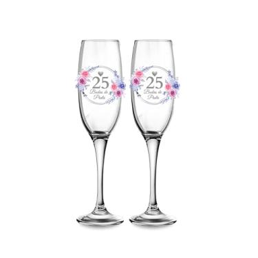 Imagem de Kit 2 Taças De Champanhe 210ml Vidro Personalizada Bodas De Prata 25 Anos Casamento Celebração Presente Casal Aniversário Taça Decorativa
