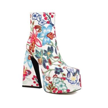 Imagem de Rock88 Botas femininas com estampa floral, plataforma com salto alto e zíper, botas curtas para compras e trabalho, branca, 44