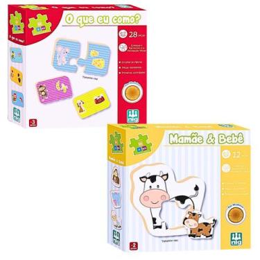 Imagem de Kit 2 Jogo Educativo Infantil Mamãe E Bebe Madeira E O Que Eu Como Rac