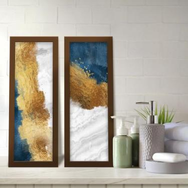 Imagem de Kit 2 Quadros Decorativos Lavabo Abstrato Pincelada Branco Azul Dourad