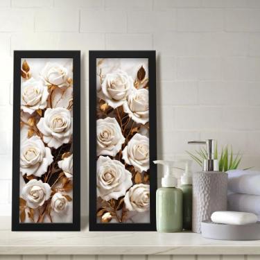Imagem de Kit 2 Quadros Decorativos Lavabo Floral Flor Rosa Branco Dourado - Del