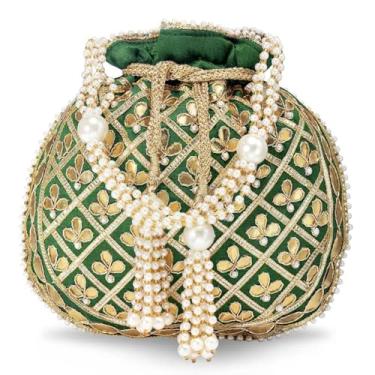 Imagem de Aheli Bolsa Potli bordada de presente para mulheres, bolsa étnica feita à mão, bolsas noturnas, estilosa, bolsa clutch fashion, Verde