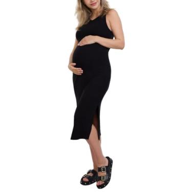 Imagem de Motherhood Maternity Vestido feminino colado ao corpo midi de malha canelada costas nadador sem mangas, Preto, PP