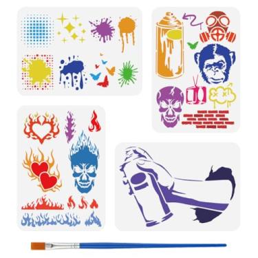 Imagem de FINGERINSPIRE 4 peças de estênceis de grafite com pincel de tinta, 21 x 29,7 cm, modelos de tinta spray, crânio, macaco, estêncil, coração, chama, padrão, estêncil, estrela, borboleta, modelos de tema