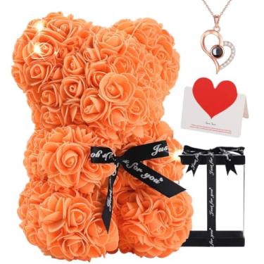 Imagem de Urso rosa com caixa de presente, urso de pelúcia rosa artificial de 25,4 cm com colar de coração e cartão comemorativo – presente romântico para namorada, esposa, mãe, dia dos namorados, aniversário