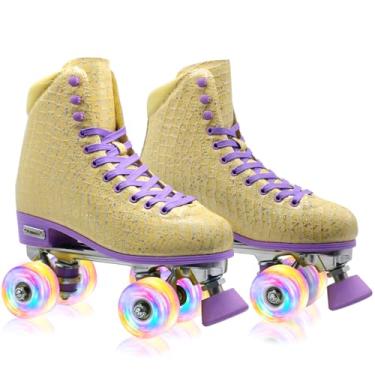 Imagem de SMOOJOY Patins para mulheres, meninas e crianças, rodas iluminadas - amarelo Quad Outdoor PU couro alto design Derby patins para iniciantes jovens tamanhos 2 3 4 5 6 7 8 9 10 11