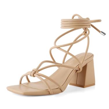 Imagem de Shoe'N Tale Sandálias femininas de salto alto gladiador com tiras no tornozelo salto grosso salto bloco quadrado bico aberto sapatos sociais cruzados, Bege, 40