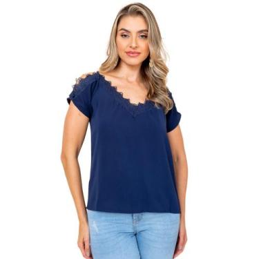 Imagem de Blusa ciganinha manga curta com renda - SML Fashion, Feminino, Azul es