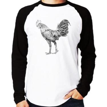 Imagem de Camiseta Raglan Galo Desenho Manga Longa - Foca na Moda, Branco, Preto