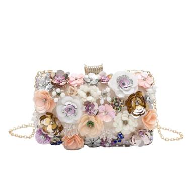Imagem de lapulio Bolsa feminina floral para noite com contas e lantejoulas e strass para festa de casamento com correntes, Champanhe, Small