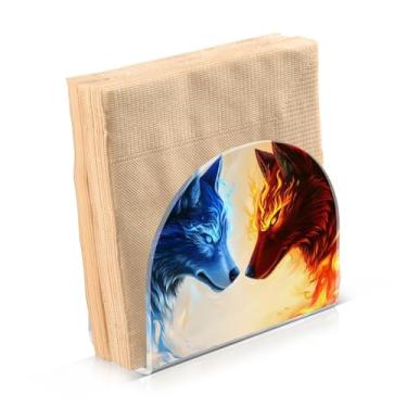 Imagem de ALAZA Porta-guardanapos de lobo de fogo e gelo para mesa coquetel fazenda, dispensador de guardanapos de papel para casa cozinha cafeteria decoração de sala de jantar