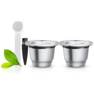 Imagem de i Cafilas Cápsula reutilizável de aço inoxidável, filtro de café 2 unidades, cápsulas recarregáveis para cafeteira Nespresso da série original , com 1 colher de plástico e 1 escova