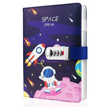 Imagem de Mazeran Diário com cadeado combinado, capa dura de couro PU, tema astronauta espacial, caderno fofo, diário fofo, organizador secreto com forro A5, planejador pessoal, organizador secreto, presente para crianças e adolescentes