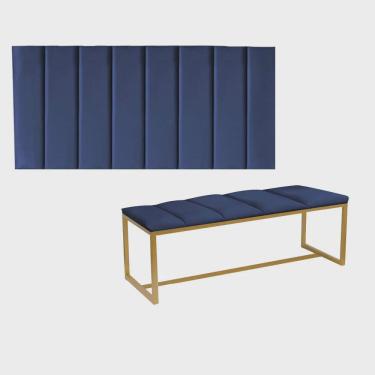 Imagem de Kit Painel Carla e Recamier Industrial 90cm Solteiro Box Ferro Dourado Corino Azul Marinho - Ahz Móveis