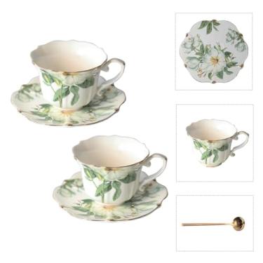 Imagem de Conjunto de xícara de chá e pires de porcelana floral vintage com colher, acabamento dourado, 181 g - conjunto de 2, verde - xícaras de chá e café expresso e café (2, camélia branca)