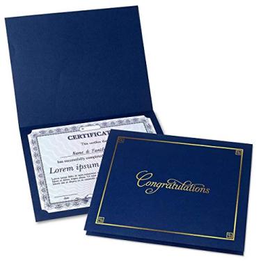 Imagem de Pastas de certificado azul e dourado de parabéns - Pacote com 50, capa de linho 36 kg. Estoque, cantos dobrados, recortados, para escritório, prêmios de negócios, graduação, titular de diploma
