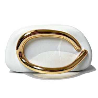 Imagem de Bolsa clutch de acrílico para mulheres, clássica, redonda, acrílica, noturna, vintage, metal, guidão, bolsa para festa de casamento, formatura, Couro branco, 18.5 x 6.5 x 10 cm