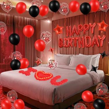 Imagem de Peconal Decorações De Balões Vermelhos Feliz Aniversário, Aniversário E Pretos, Letras, Banner Com 6 Estrelas, Pétalas Rosa Artificiais Vermelhas, 24 Velas Led Sem Chama Para Suprimentos Festa Verme